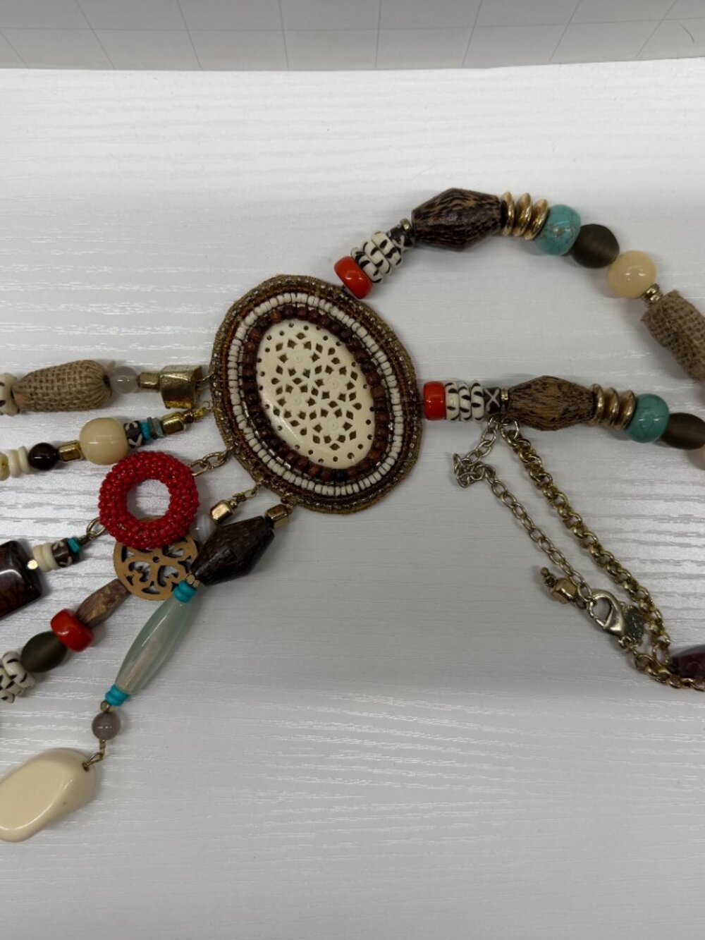 Chico's Bohemian Mixed Media Beaded Statement Necklace Multi-Charm Tassel - Picture 5 of 5